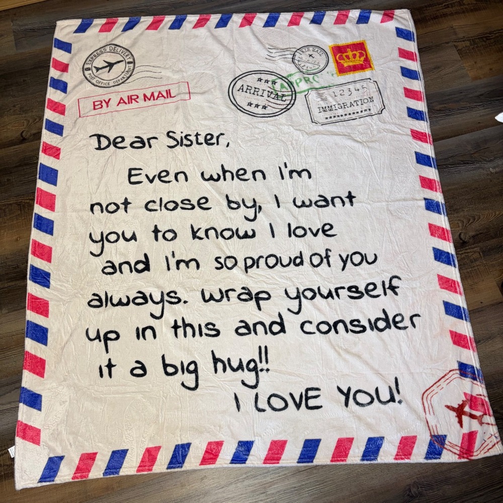Dear Sister Airmail Letter Fleece Throw Blanket White Red Blue 50x60 Gift Throw